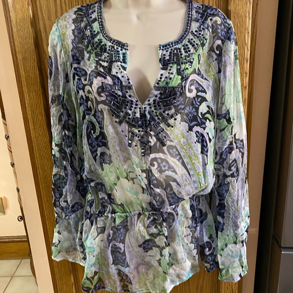 Cache Blue sheer blouse with some bling  Large